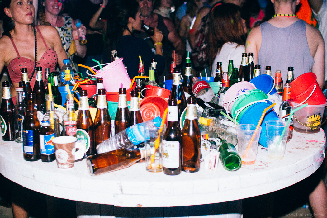 full moon party 15 february 2014: buckets and bottles on a table